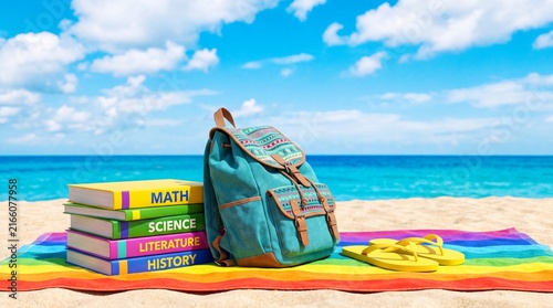 A Vibrant Beach Scene Featuring Colorful Textbooks and a Backpack on a Striped Towel, Accompanied by Flip Flops Against a Backdrop of a Bright Blue Ocean and Sky,  back to school in Australia concept