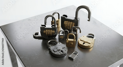 Closeup of a gold metal lock and key on a door symbolizing security and protection isolated on a white background