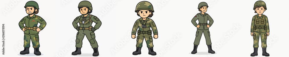 Fototapeta premium Set of female soldier vectors with angry expressions