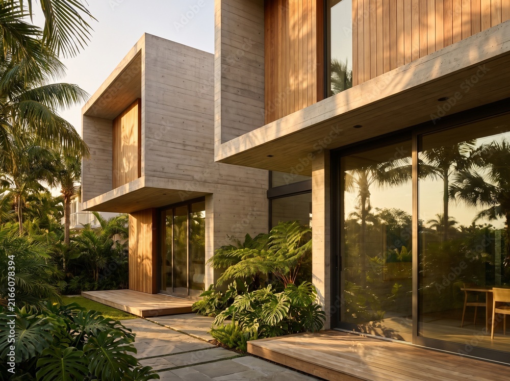 Fototapeta premium Modern architecture luxury villa with concrete and wood exterior featuring tropical gardens and palm trees at golden hour