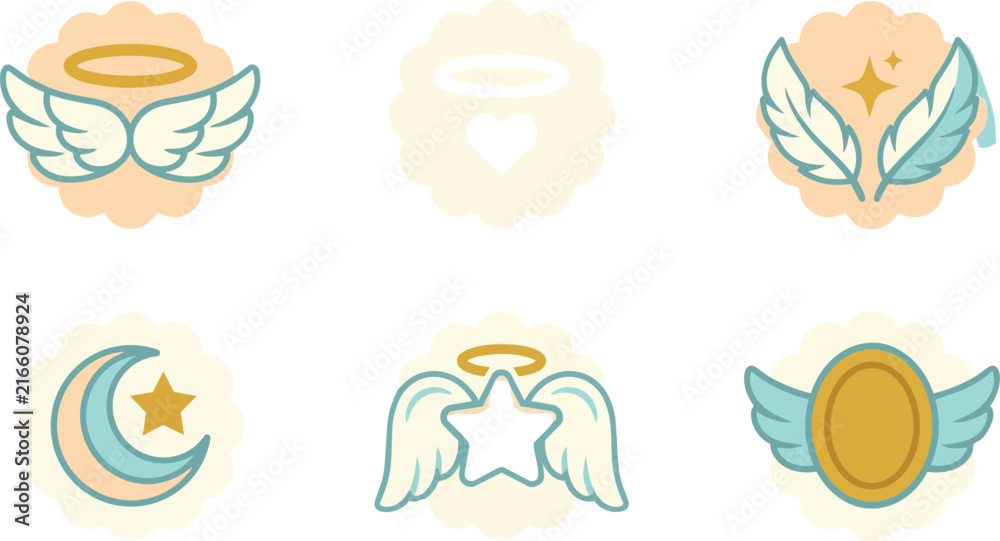 Fototapeta premium Angel wings, halo and celestial icons for spiritual branding, religious graphic design and heavenly stickers. Divine symbols, star and crescent moon for greeting cards, baby showers and kids art.
