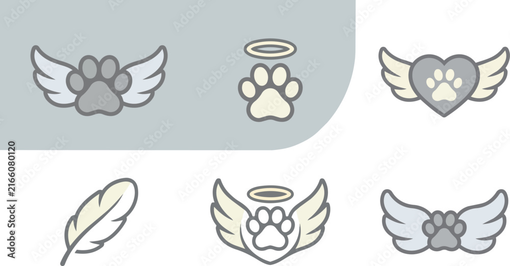 Obraz premium Pet memorial icons, dog paw print with angel wings and halo for sympathy card design. Bereavement, loss of cat and veterinary grief support. Animal funeral, remembrance and pet afterlife graphics.