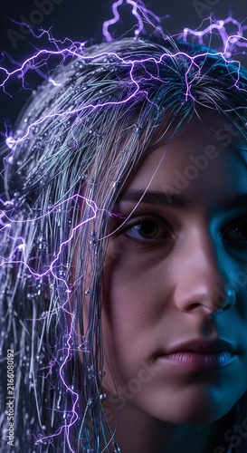 Close up portrait of young woman with silver wire hair and purple lightning electricity sparks representing futuristic energy and cyberpunk style