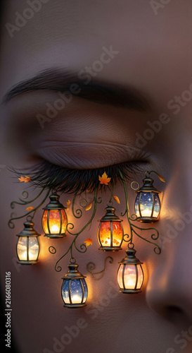 Macro portrait of sleeping face with glowing lanterns and autumn leaves suspended from eyelashes in fantasy style