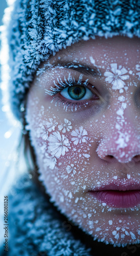 Macro portrait of woman with face covered in white frost flowers and ice crystals wearing knitted hat representing winter beauty