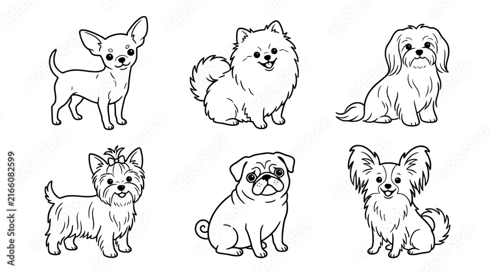 Obraz premium Collection of small dog breeds line art set