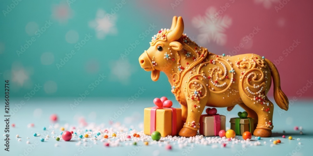 Fototapeta premium A Festive Decorated Bull Figurine with Presents and Confetti on a Pastel Background