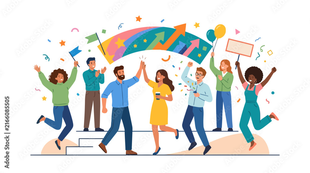 Fototapeta premium Diverse Team Celebrating Success with Balloons and Confetti on Transparent Background