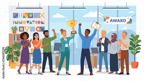 Diverse team celebrating victory with trophy and award in modern office