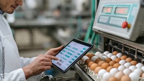 Boiled Eggs Pack Man in lab coat using tablet to monitor automated egg processing machine in a production facility.