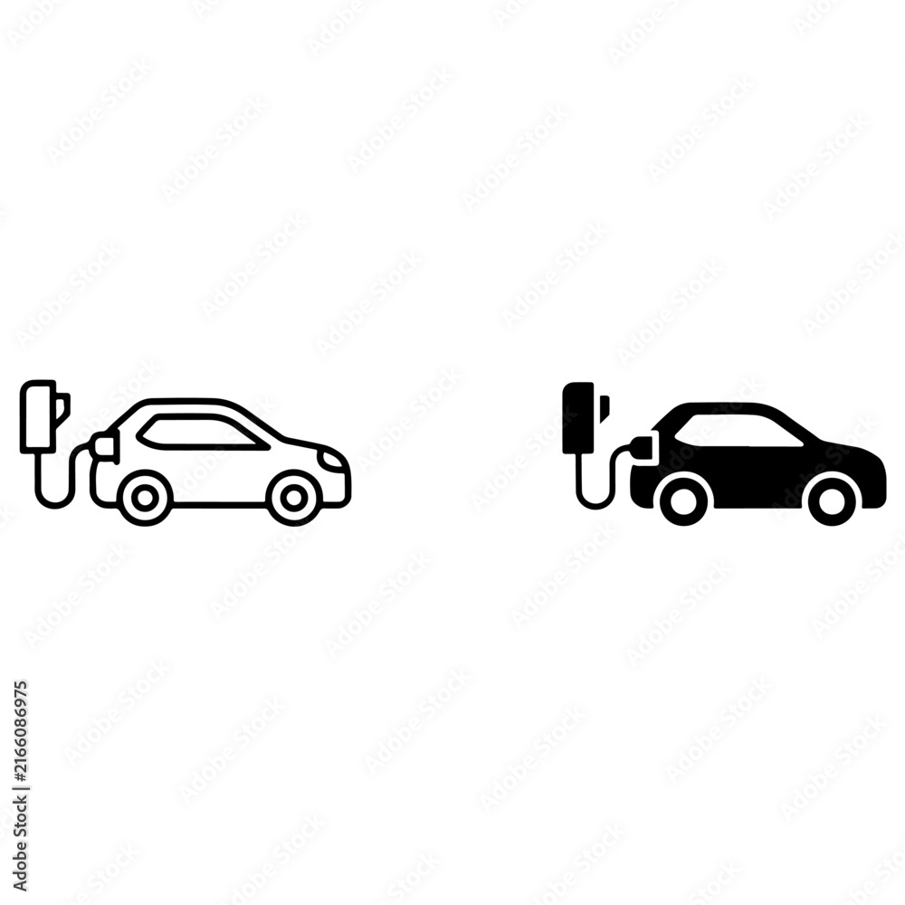 Fototapeta premium Electric Car Charging Icon Set, EV Vehicle and Charging Station Symbols, Vector Illustration