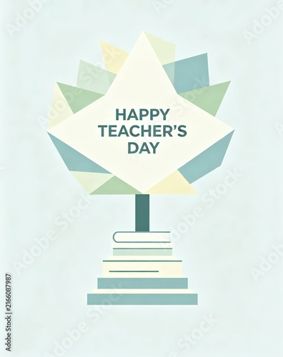 Minimalist Teacher's Day Poster with Book Stairs and an Abstract Growth Tree Symbolizing Knowledge and Guidance