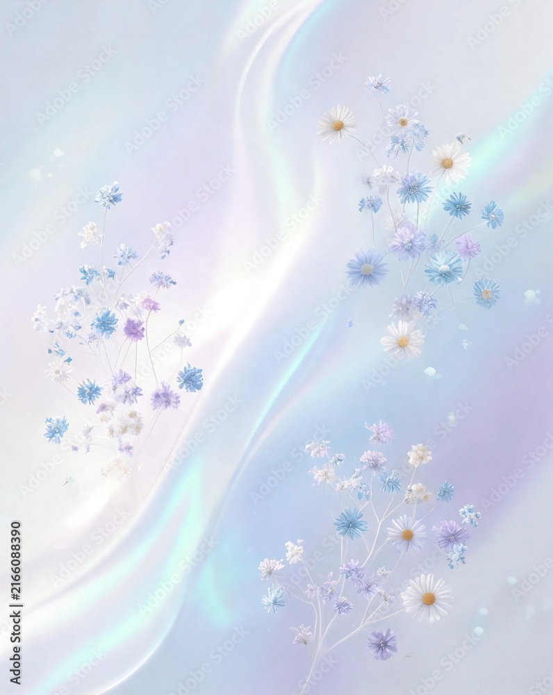 Obraz premium Minimalist Spring Floral Art Poster with Delicate Flowers, Muted Morandi Tones and Pearlescent Gradient Light
