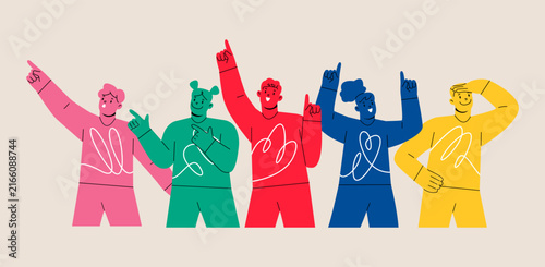 Amazed man and woman with surprised expressions and joyful faces looking up and pointing finger upward. Colorful vector illustration