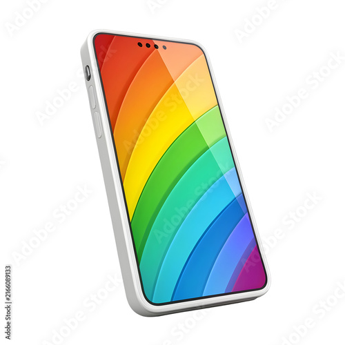 Modern smartphone with vibrant rainbow wallpaper displaying digital connectivity and bright future