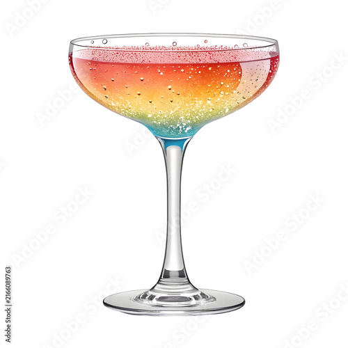 Rainbow cocktail in coupe glass with bubbles during celebration concept