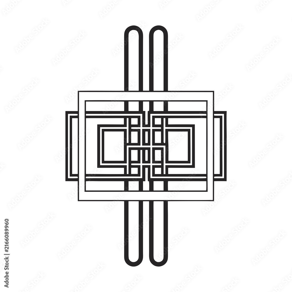 Obraz premium Geometric Art Deco logo design, minimalist black line ornament, symmetrical architectural vector icon for branding