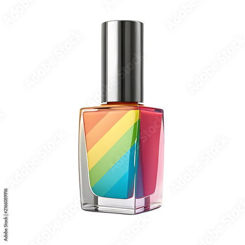 Rainbow nail polish bottle with silver cap isolated on white for beauty and cosmetic concepts