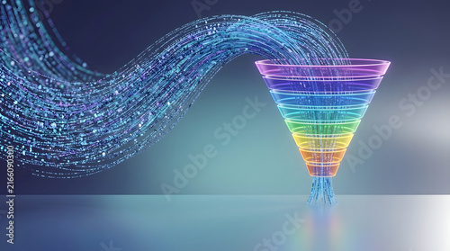 Data funnel visualized with flowing digital streams entering a vibrant, rainbow-colored funnel, representing data processing and analysis