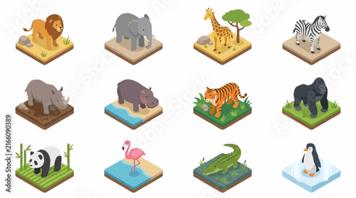 Colorful Isometric Animal Collection on Green Platforms.