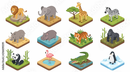 Colorful Isometric Wildlife Animal Collection Illustration.