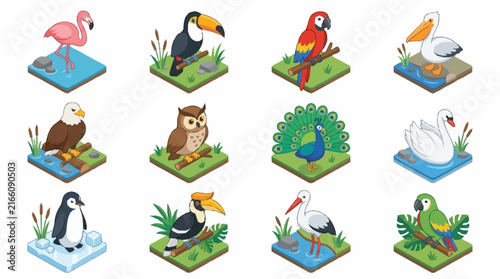 Colorful cartoon birds and animals on isometric islands.