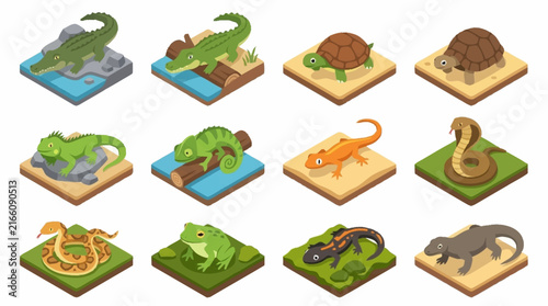 Colorful Isometric Reptile and Amphibian Collection.