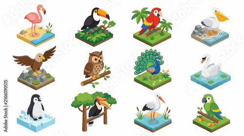 Colorful pixel art birds and animals in isometric style.