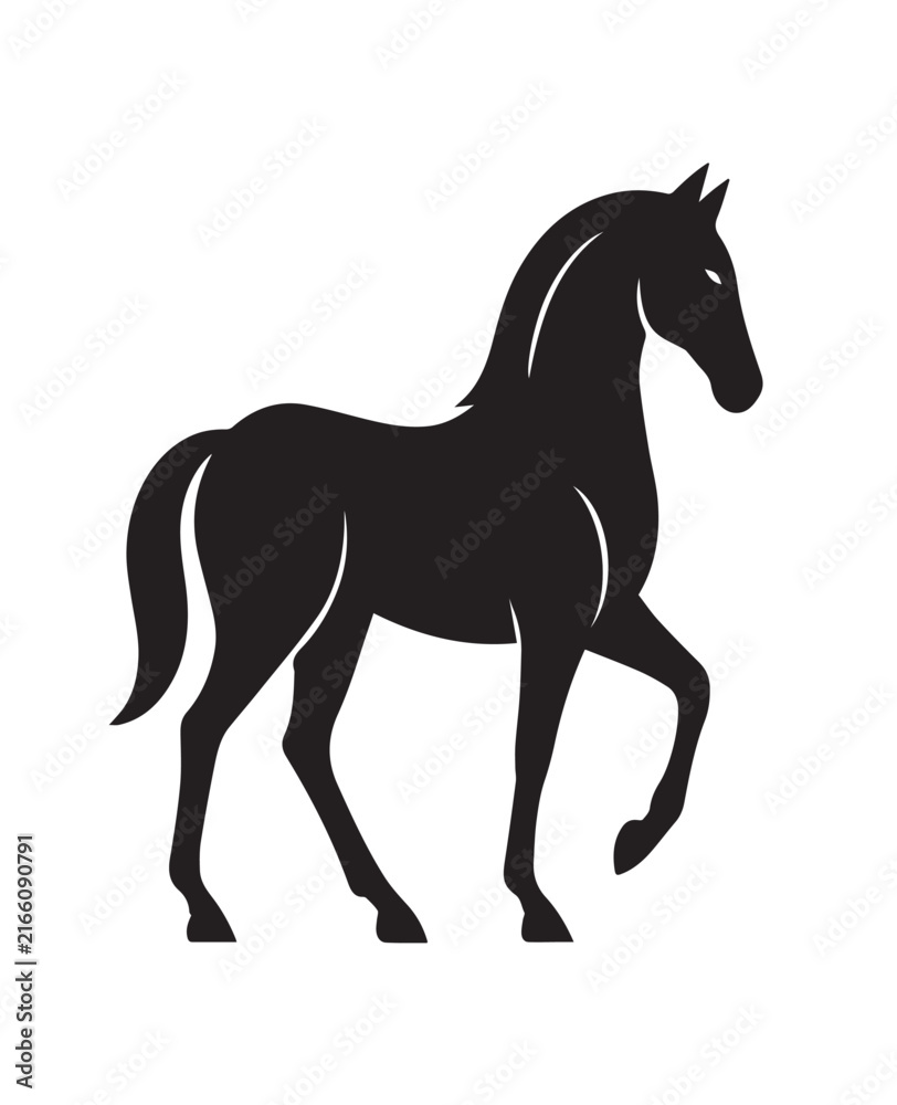 Obraz premium Black linear equine silhouette graphic design for emblem art Geometric stylized stallion logo icon on white background Tribal horse vector illustration with flowing mane silhouette
