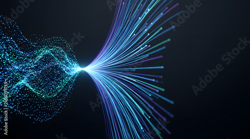 Abstract glowing particles forming a wave on the left and transforming into a stream of lines on the right, with a dark background