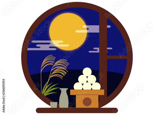 十五夜の月見イラスト 丸窓から望む満月と月見団子とススキの和風背景素材