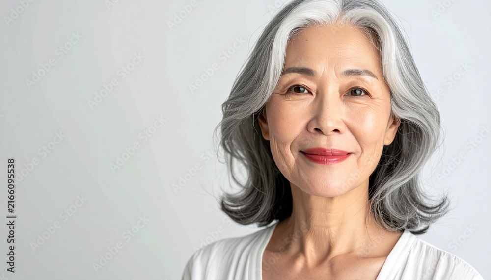 Fototapeta premium Graceful Korean Woman in Her 60s Portrait with Silver Hair on White Background