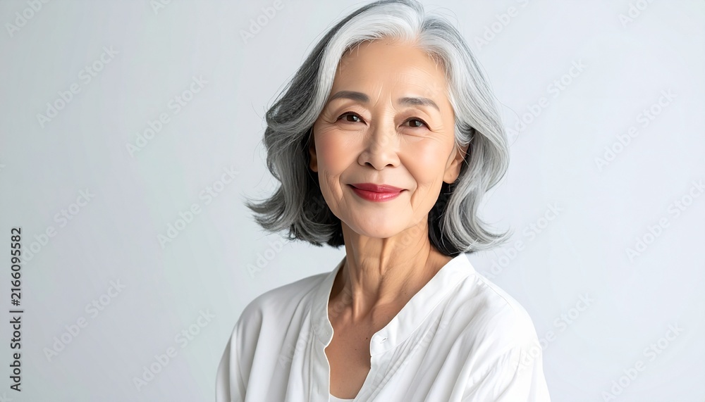Fototapeta premium Graceful Korean Woman in Her 60s Portrait with Silver Hair on White Background