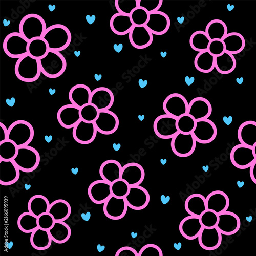 Bold seamless doodle pattern featuring pink flower outlines and small blue hearts on a black background