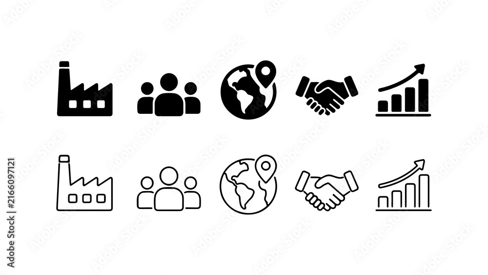 Fototapeta premium Business and Industry Icon Set in Silhouette and Outline Styles