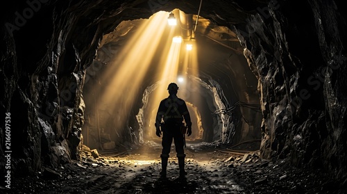 Miner Silhouette Standing in Dark Mine Tunnel with Beams of Light