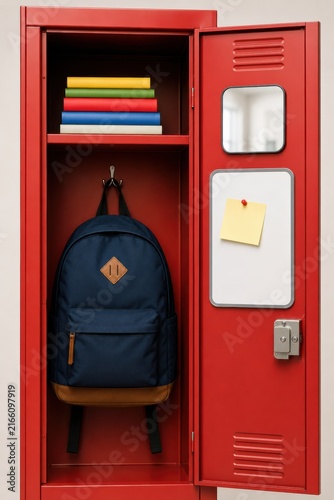 Red school locker with backpack and books, ready for the academic year.