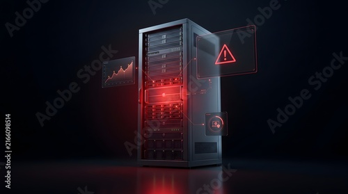 Obraz na płótnie Dark server rack emitting glowing red light with hovering holographic warning interface. Concept of cybersecurity breach, datacenter hardware failure, and critical network alert.