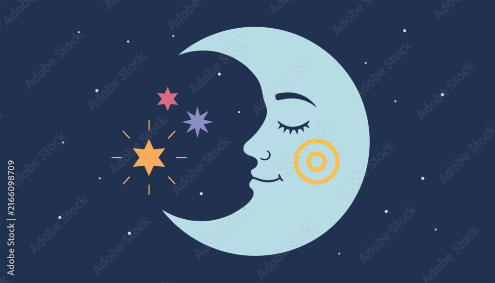 Fototapeta premium Whimsical illustration of a crescent moon with a sleeping face surrounded by colorful stars in a deep blue night sky atmosphere.