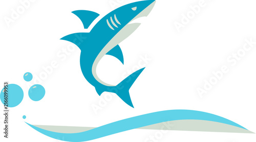Blue shark logo with ocean wave and dynamic marine animal emblem for aquatic branding vector