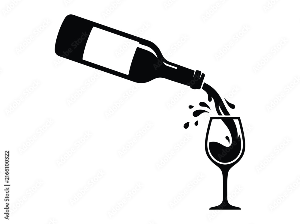 Obraz premium Minimalist wine bottle pouring into glass vector icon. Black silhouette of wine service. Elegant winery and sommelier beverage graphic.