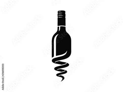 Fotografie Minimalist wine bottle logo with corkscrew spiral, black silhouette wine icon, m