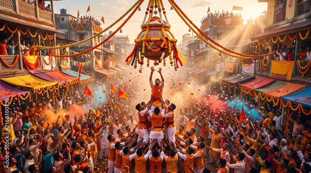 Naklejka premium Dahi handi celebration with human pyramid breaking pot indian janmashtami festival