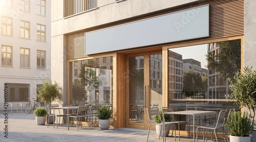 Empty blank sign mockup on a modern cafe exterior facade with outdoor seating on a sunny day