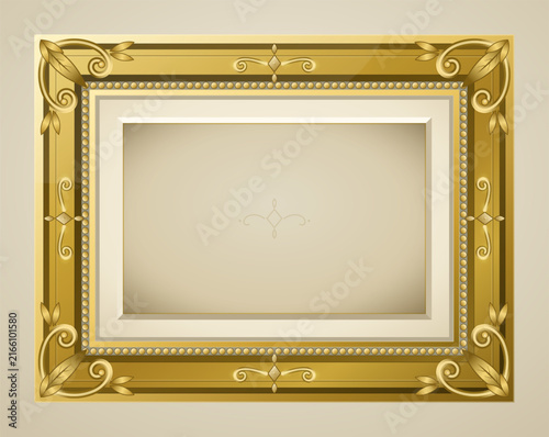 Ornate vintage gold picture frame with decorative botanical corner flourishes and beaded border trim, elegant classic luxury framing with blank copy space, vector illustration.