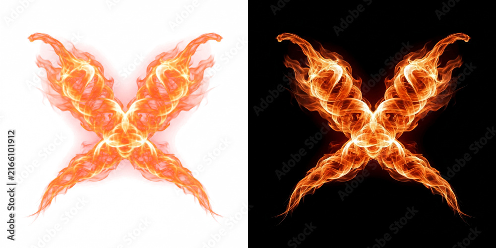 Fototapeta premium Spiraling vortex flame chili pepper pair in crossed arrangement with bright core, burning effect cutout with real transparency