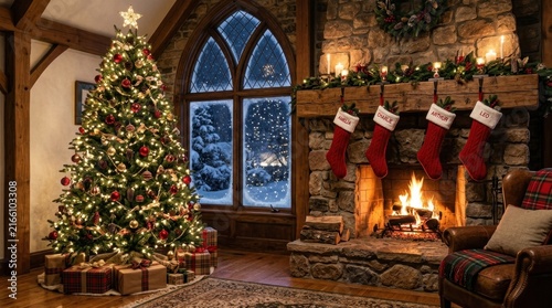 Cozy Christmas Tree and Fireplace Room