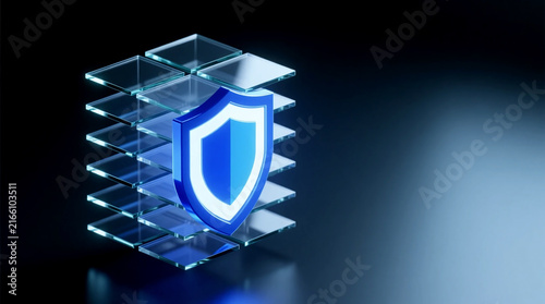 Protecting digital assets 3D isometric glass shield structure glowing with royal blue light of policy innovation governance for security compliance visual