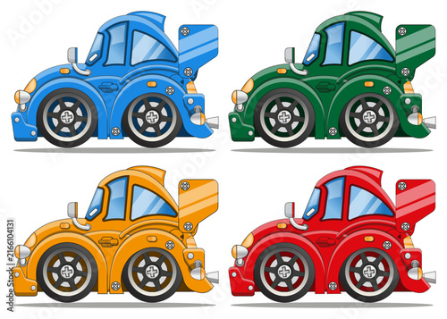 Set of colorful short racing cars. Side view. Isolated on white background. Vector illustration. 