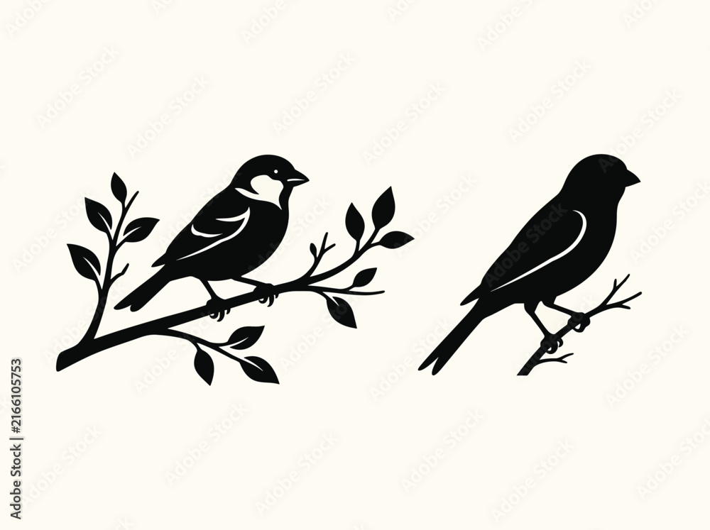 Fototapeta premium Black silhouettes of two small birds perched on detailed tree branches with leaves, isolated on white background